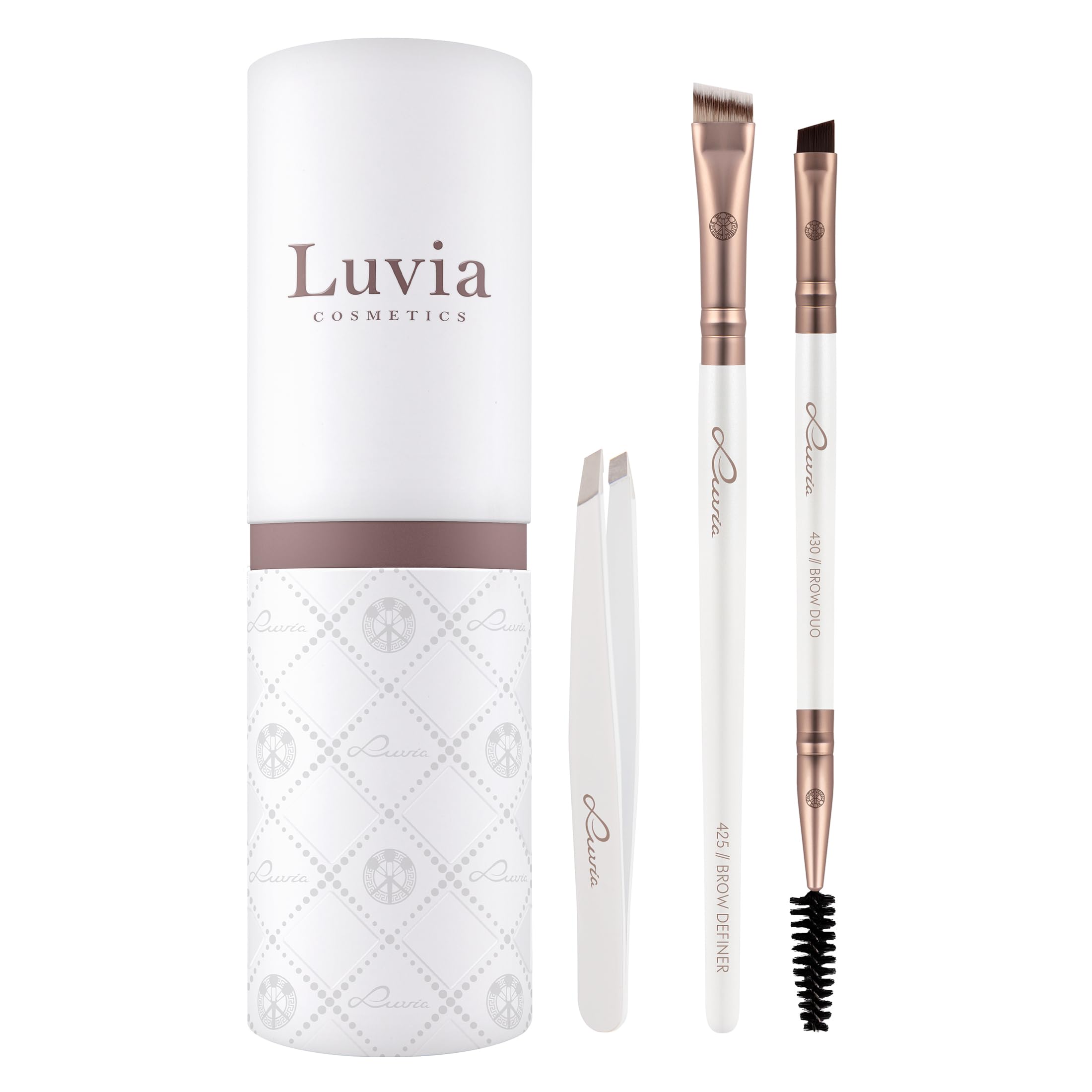 Luvia Cosmetics Prime Brow Kit, Vegan Eyebrow Brush Set, Makeup Brush & Tweezers, 3 Brushes, Pearl