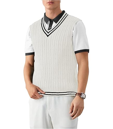 SOLY HUX Men's Striped Cable Knit Sweater Vest V Neck Sleeveless