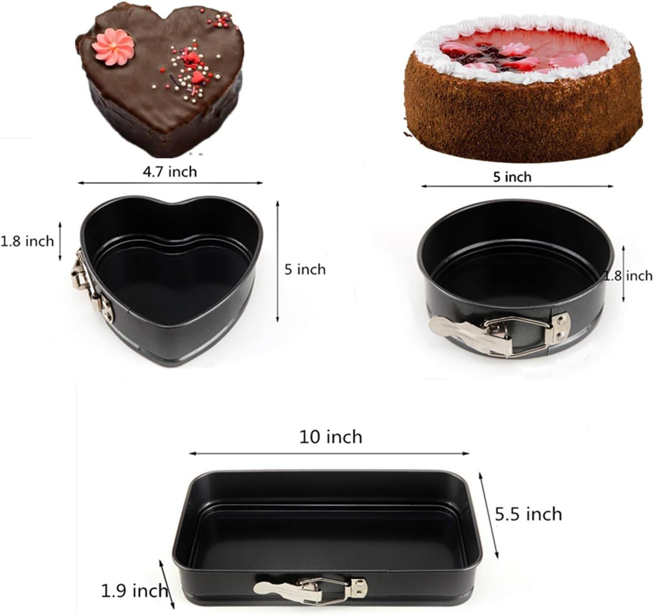 Springform Pan Set, 3Pcs Mini Nonstick Heart/Round/Rectangle (5"+5"+10") Leakproof Cheesecake Pan Baking Pans Household Detachable with Lock Cake Mold: Kitchen & Dining