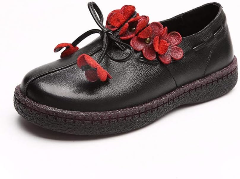 Women Shoes Natural Leather Soft Flat Sole Loafer Sandals Flower Bow-Knot Black Round Toe Low Heel Retro Vintage Original Design Handmade Casual Breathable Comfortable Ladies Walking Boat Shoes