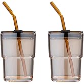 BLUEPOLAR 13 oz Tumbler Water Glass, Water Bottle with Straw and Dustproof Lid, Coffee Ice Cup Double Wall Insulated Glass Cup (Amber-2Pack)