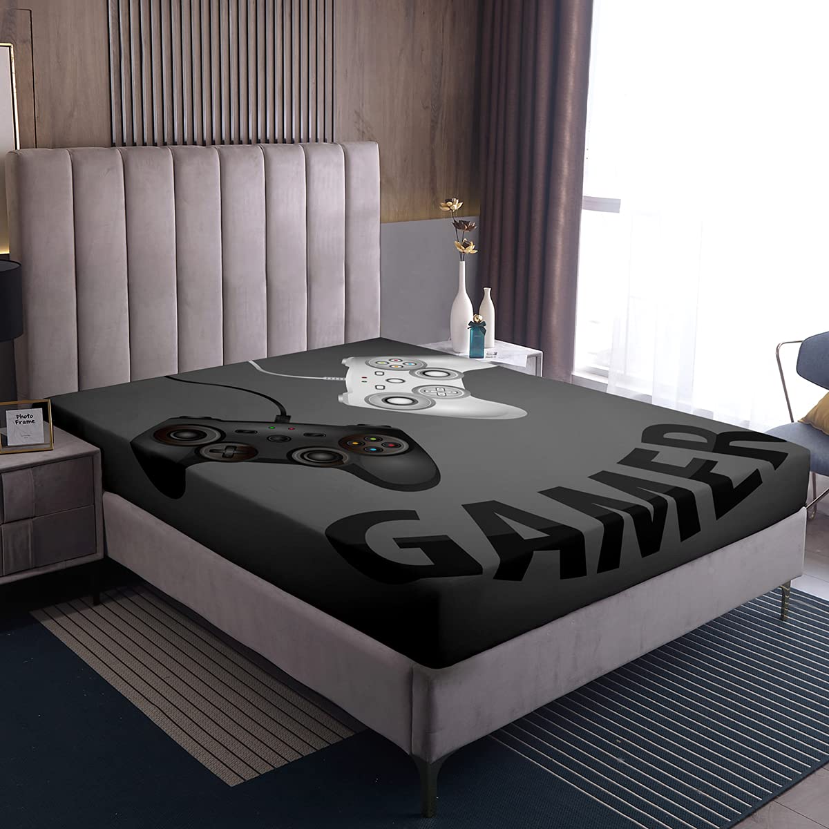 Loussiesd Gaming Fitted Bed Sheets 100% Polyester Soft and Comfortable Sheets Machine Washable Breathable Fabric Double(135x200+30cm) Video Game Only Bedsheet No Pillowcases — image 1