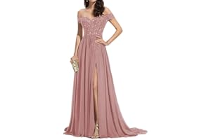 seezom Women's Off Shoulder Bridesmaid Dresses Chiffon Lace A-Line Long Formal Evening Party Gowns with Slit LYQ08