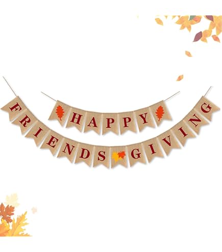 HAPPY FRIENDSGIVING Burlap Banner With Paper Triangular Bunting, Maple Leaf & Pumpkin Turkey Garland - Thanksgiving Party Decorations