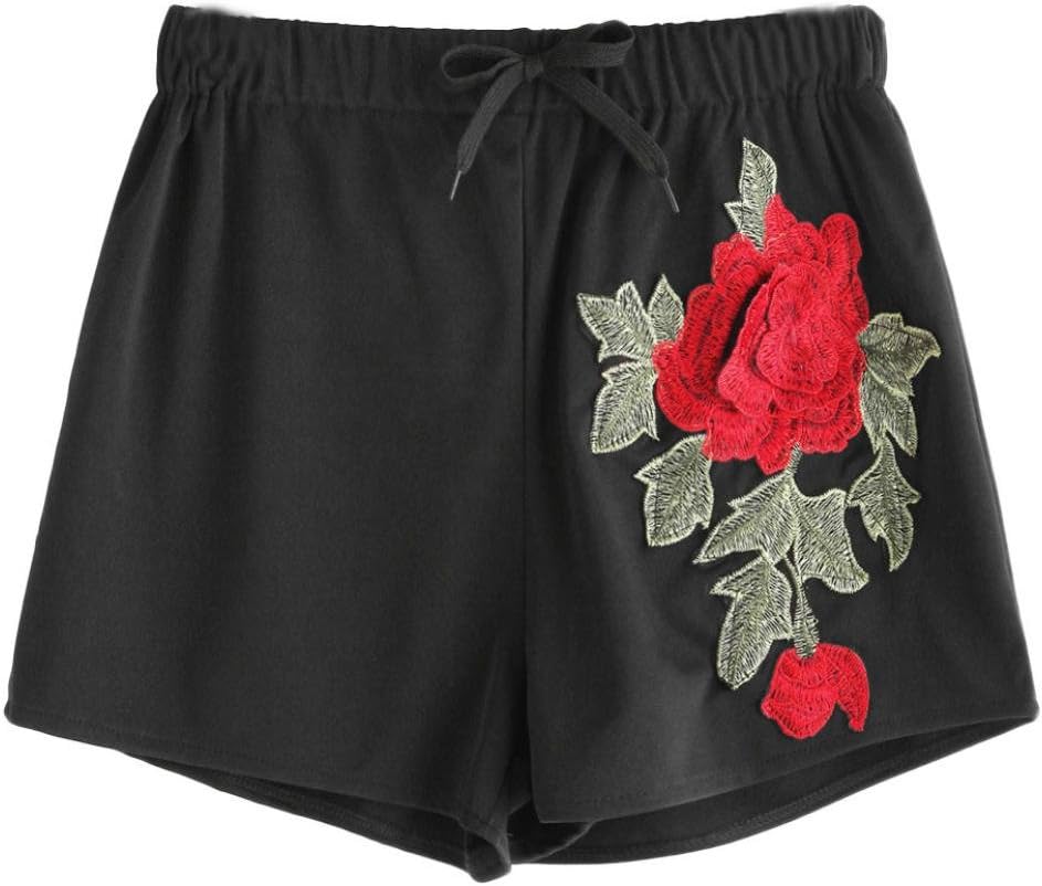 Womens Summer Shorts Sport Embroidery Applique Elastic Waist Casual Pants
