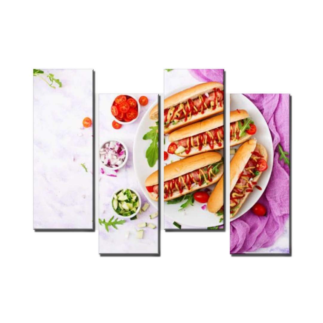 Wocatton hot Dog with Sausage Bacon, Cucumber, Tomato and red Onion on White Wall Art Background Dec