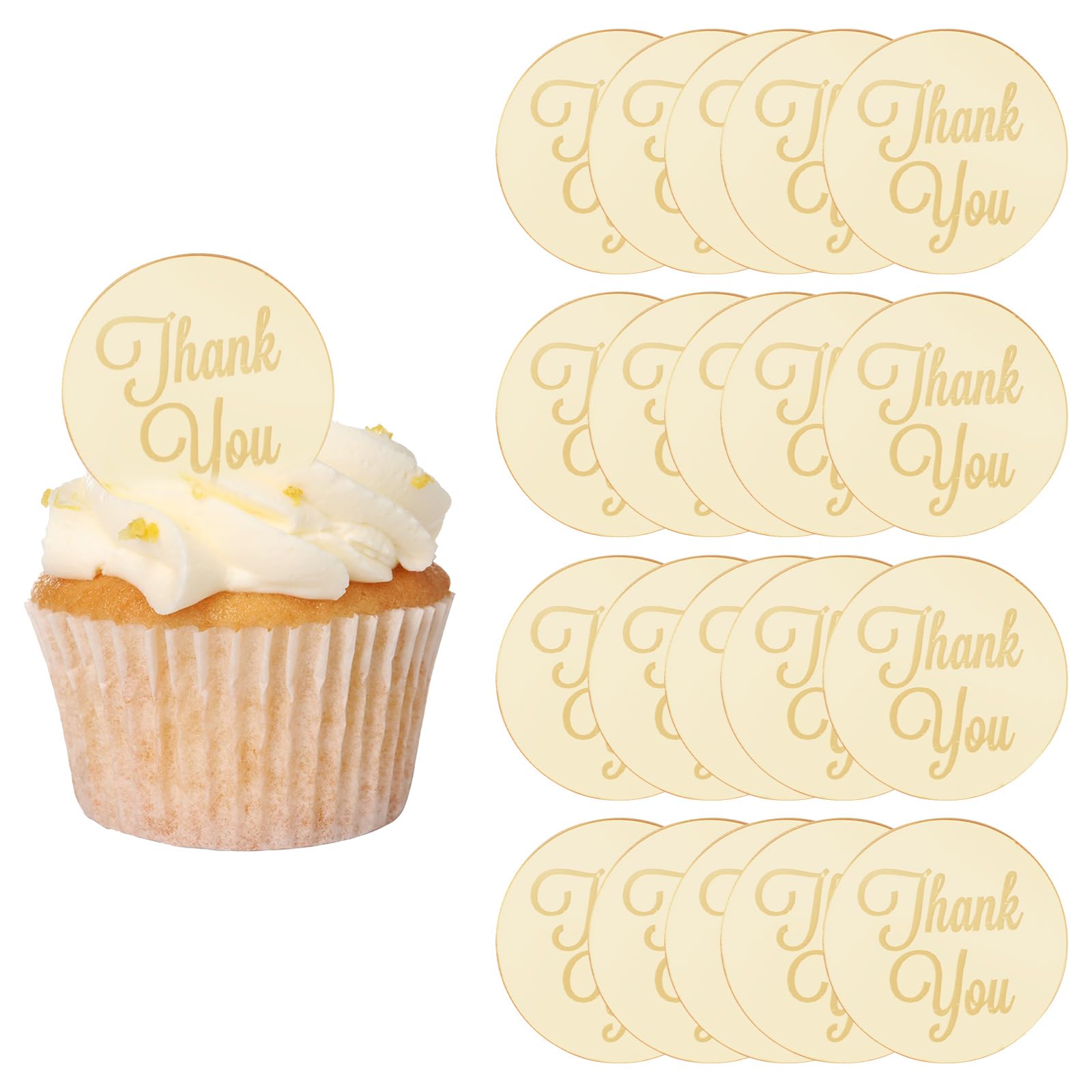 URROMA 20pcs Gold Mirror Acrylic Cake Toppers, 'Thank You' Cake Discs & Picks, Celebration Occasion, Gold Color Family