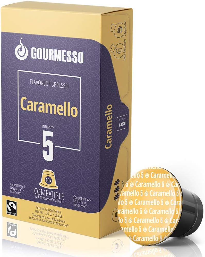 Gourmesso 100ct Caramel Flavored Espresso Pods | Int.5 | Proudly Fairtrade | Compatible with Nespresso Original Capsule Machines | Caramel | Medium Roast