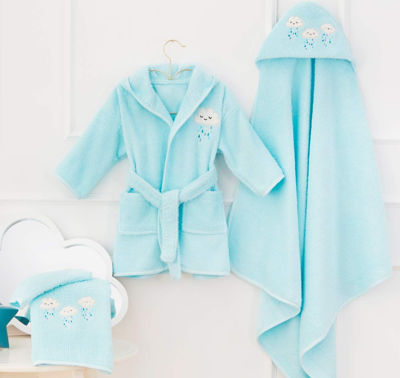 Happy Woody Baby Boy Bathrobe Set (4 Pieces),%100 Organic Cotton, Newborn Gift Set, Baby Hooded Towel, Bathroom Baby Gift Box (Blue)