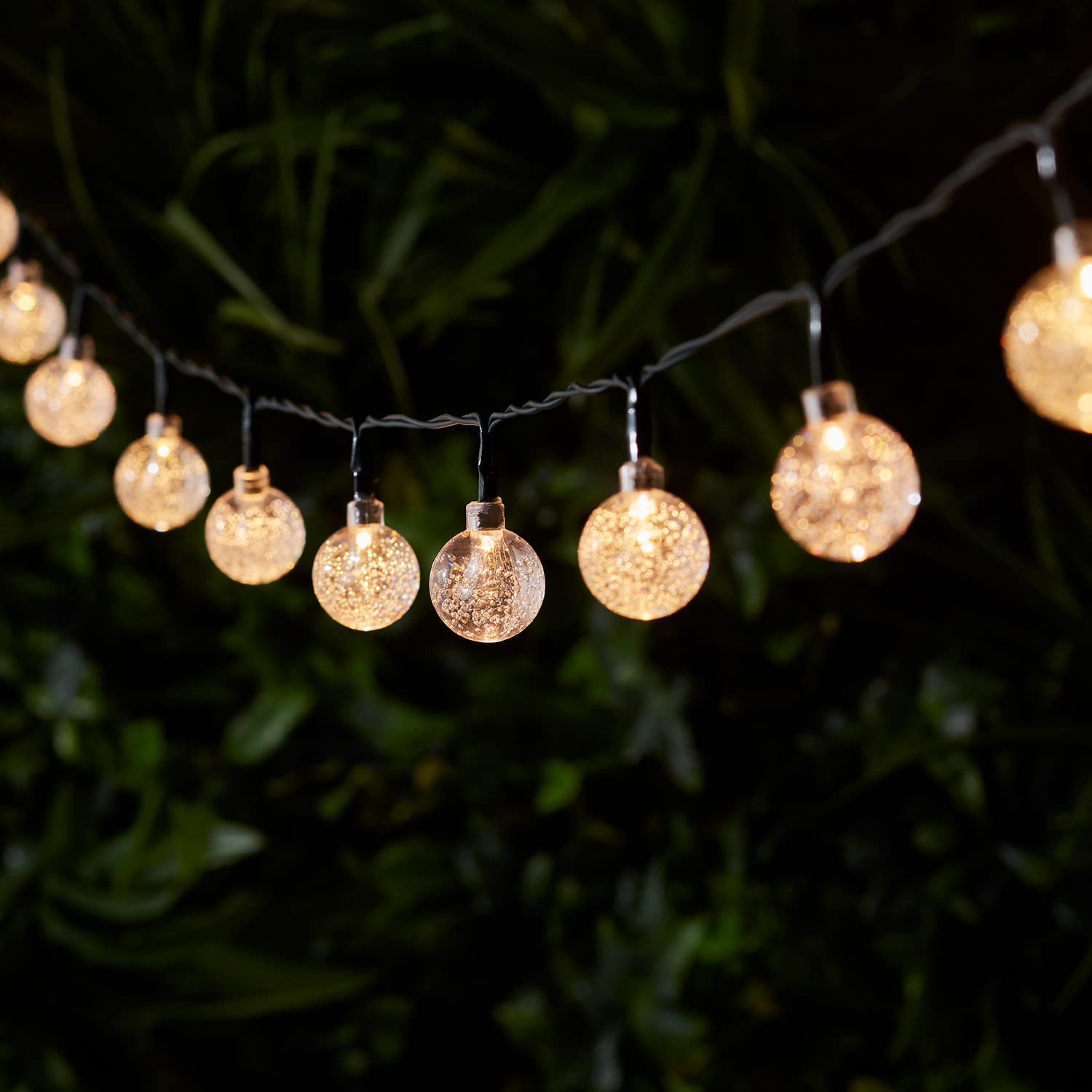 Lights4fun 40 Warm White LED Solar Powered Bubble Globe String Fairy Lights on Black Cable IP44 Rated Fully Waterproof for Outdoor Use