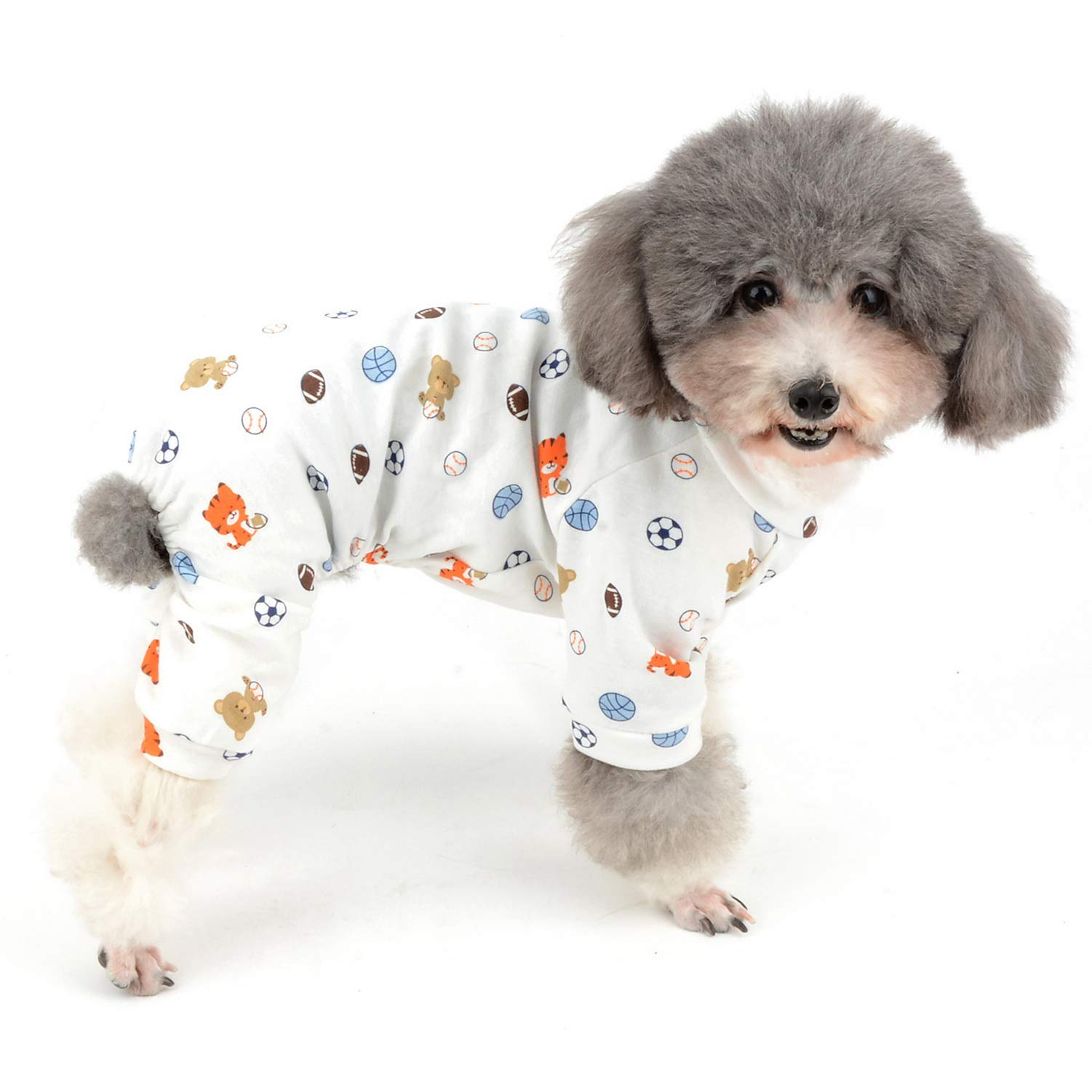 Zunea Small Dog Jumpsuit Pyjamas Overalls Soft Cotton Rompers Puppy Sleeping Clothes Adorable Bear Football Printed Four Legs Pjs Apparel for Pet Cats Pups S