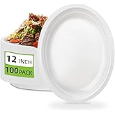 100 Pcs Compostable Oval Paper Plates 12 Inch - Heavy Duty Bagasse Platters - Biodegradable White Plates,Eco-Friendly Disposable Dinner Platters for BBQ,Picnic,Wedding,Party,Thanksgiving,Christmas