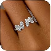 SUYACS 925 Sterling Silver Double Butterfly Rings for Women Dainty 14k Gold Plated Butterfly CZ Adjustable Stacking Ring Cute Insect Promise Friendship Ring Jewelry Birthday Gifts to Daughter
