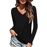 Elesomo Long Sleeve Shirts for Women Cotton Tshirts V Neck Spring Tops Basic Tee