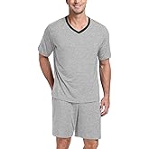 PrinStory Men's Pajama Set Sleepwear Pjs Lightweight Quick Dry Short Sleeve V-Neck Shirts and Shorts Soft Comfy Sleep Sets