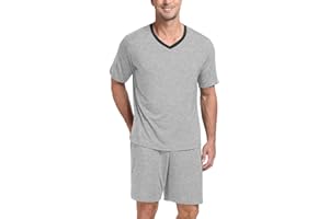 PrinStory Men's Pajama Set Sleepwear Pjs Lightweight Quick Dry Short Sleeve V-Neck Shirts and Shorts Soft Comfy Sleep Sets