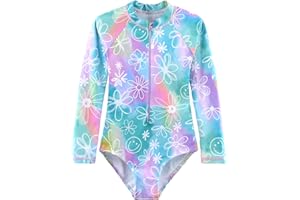 HOOBABE Kids Girls Rash Guard Long Sleeve One Piece Swimsuits Zipper Bathing Suits UPF 50+ Tropical Plant Flowers Ages 3-12