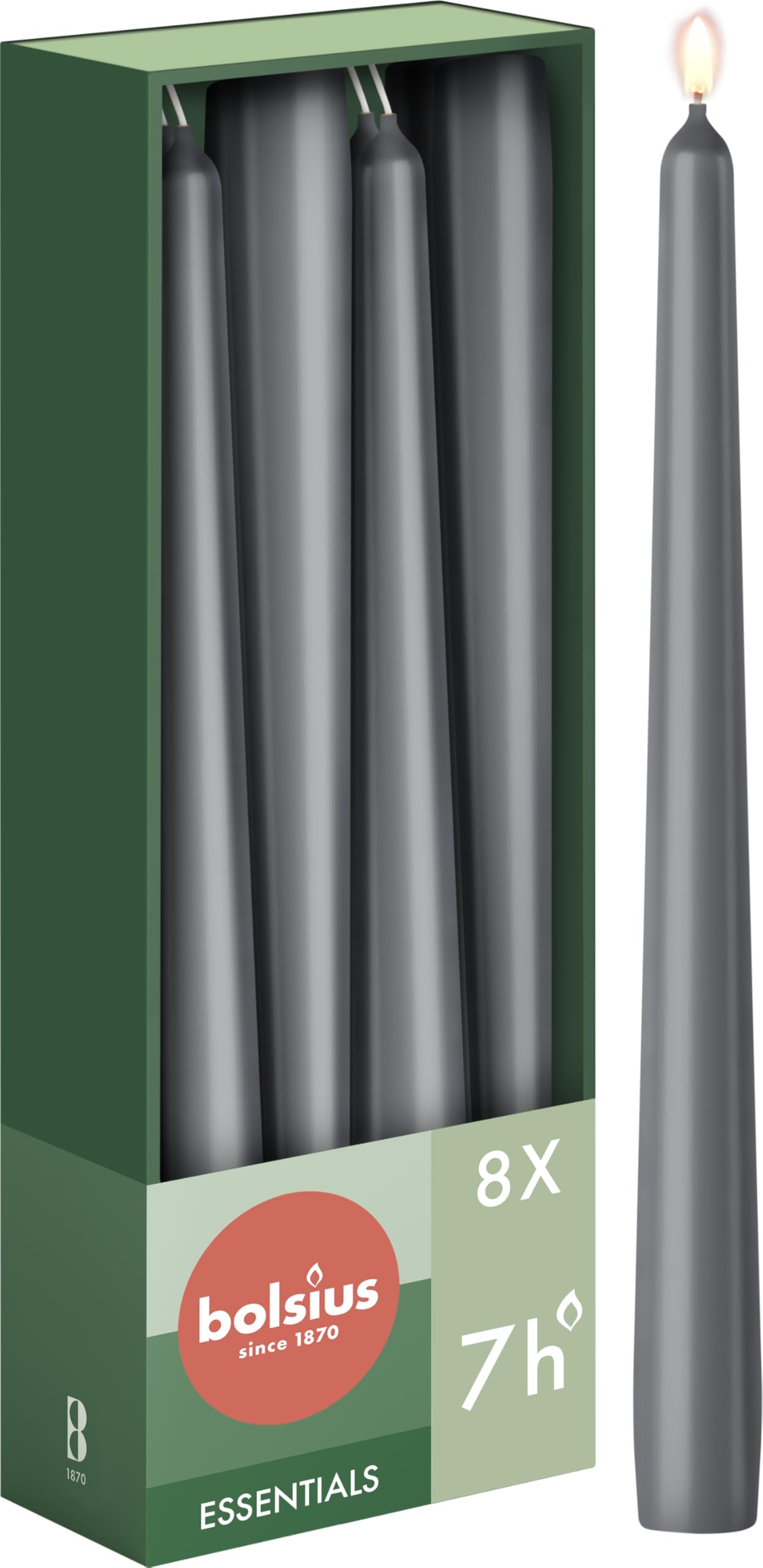 Bolsius Tapered Candles - Anthracite - 8-Pack - 24.5 cm - Decorative Household Candles - Burning Time of 7 Hours - Unscented - Includes Natural Vegan Wax - Without Palm Oil