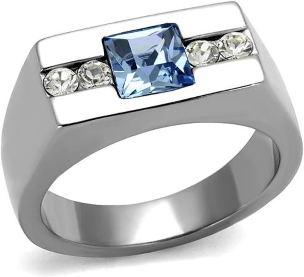 Vip Jewelry Co Men's Princess Cut Blue Montana & Clear Cz Silver Stainless Steel Ring Band Size 8-13