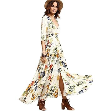 Tomasa Sommerkleid Damen V Ausschnitt Elegant Maxikleid Blumenmuster Lang Schulterfrei Partykleider