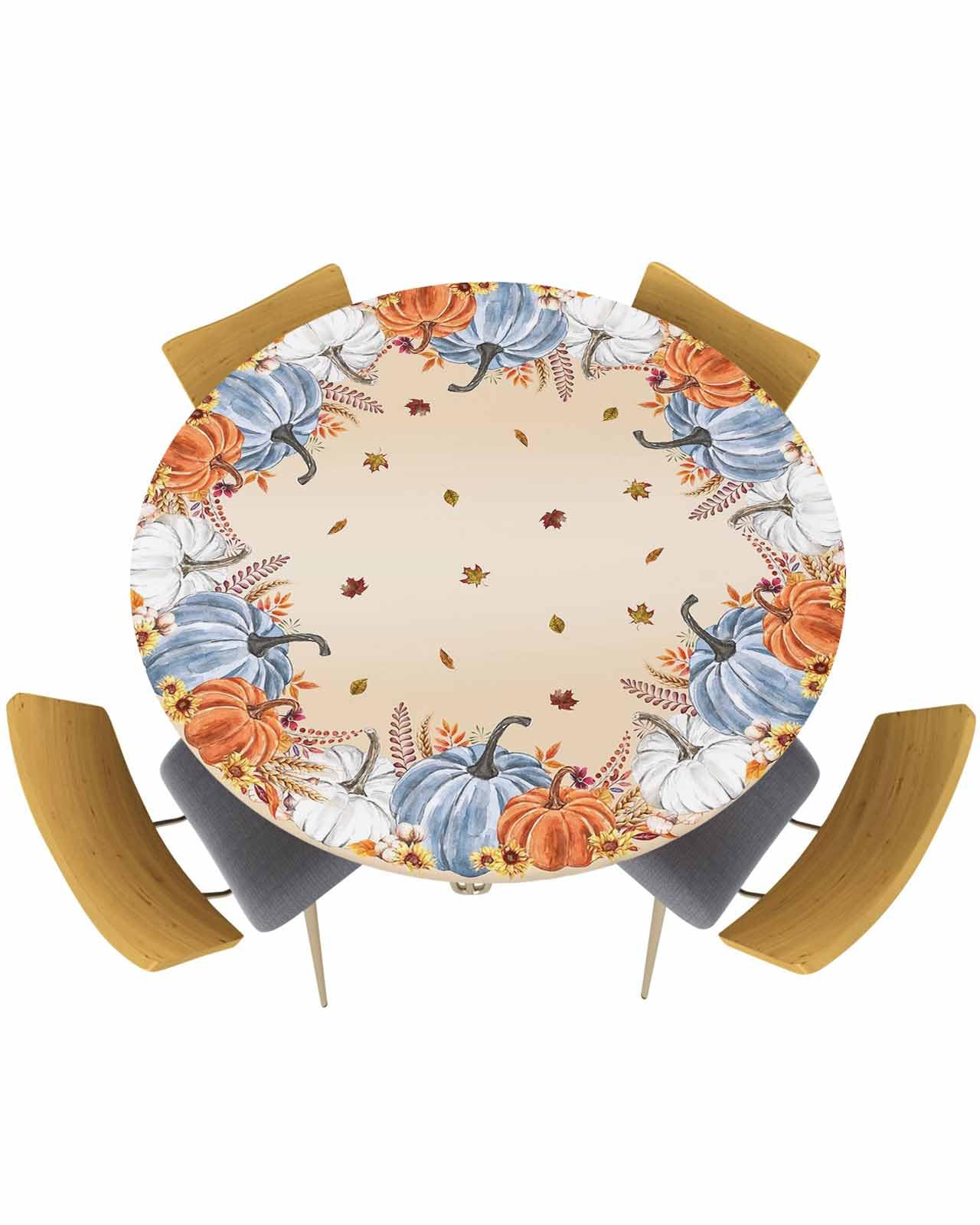 Photo 1 of Fall Pumpkin Round Table Cloth Thanksgiving Fitted Tablecloth,Maple Leaves Table Cover with Elastic Edge Waterproof Table Cloth,Gradient Back Circle Table Covers for Kitchen Indoor Outdoor 36-44in