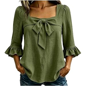Womens Square Neck Blouses Ruffle Sleeve Tops Bowknot Front Dressy Casual Trendy Tee Spring Fall Fashion Work Shirts