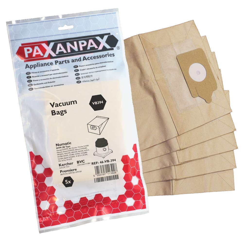 Paxanpax VB394, Compatible Paper Bags Numatic 'NVM-2B' Charles, Edward, George Series (Pack of 5)