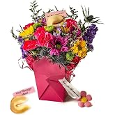 Pretty In Pink Fresh Cut Live Flowers Arranged in a Takeout Container with your Personal Message Tucked Inside a Fortune Cookie