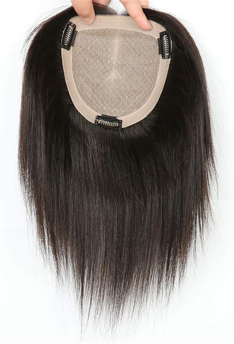 5.5" x 5.5" Large Silk Base Human Hair Toppers for Women, Clip in Crown Topper Wiglet Hairpieces Free Part Toupee (10" Light Brown)