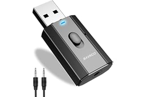 BAVNCO Bluetooth Car Adapter, Mini Bluetooth 5.0 Stereo Transmitter Receiver, Wireless 3.5mm Aux Jack Hands-Free Calls Kit Audio Adapter Built-in Mic for Car Speaker, Home Stereo, Headphones, PC,TV More