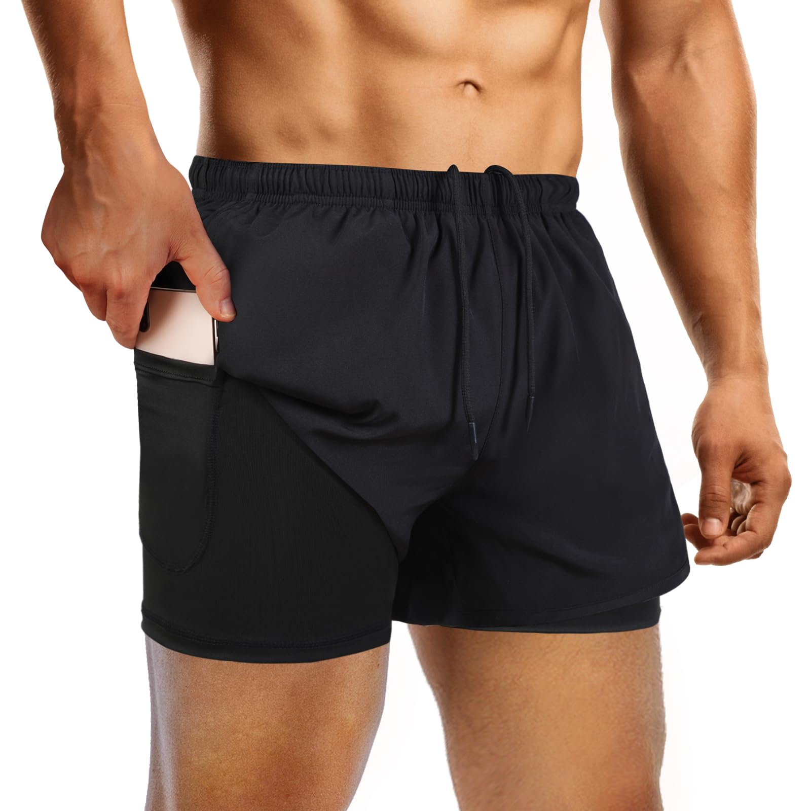 Photo 1 of FUNARTY Men's 2 in 1 Running Shorts Quick Dry Athletic Shorts with Liner, 5 Inch Workout Shorts with Zip Pockets Black