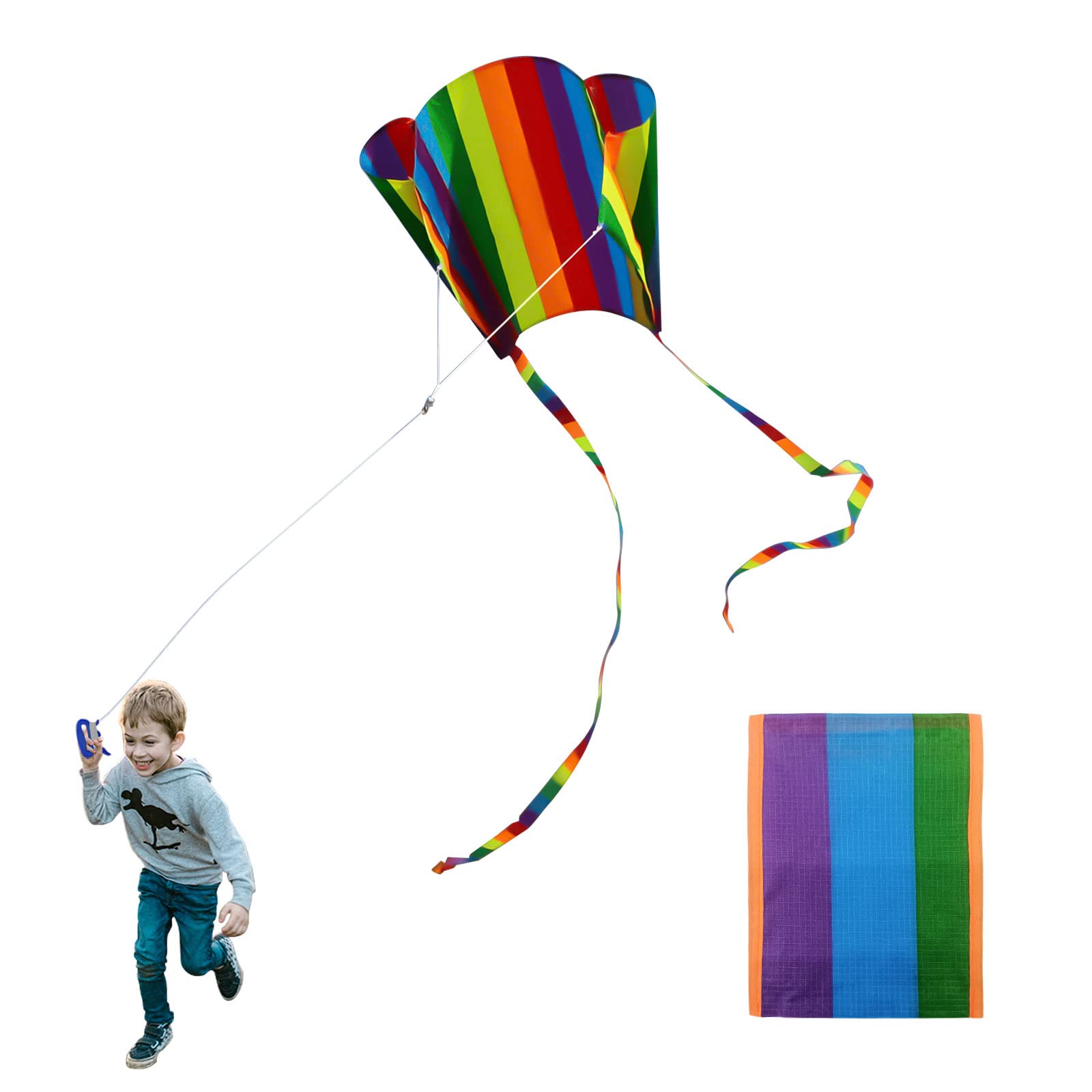 TSHAOUN Rainbow Pocket Kite with Long Tail, Easy Flyer for Beach Games and Outdoor Activities, Gift for Kids and Adults