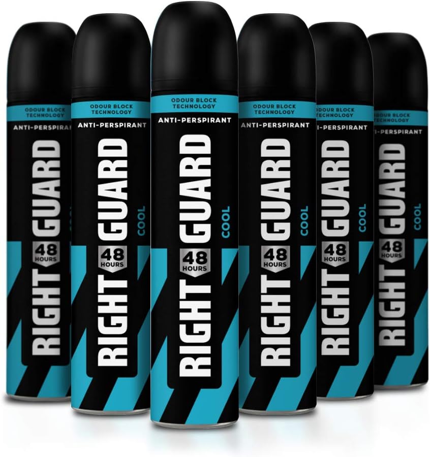 Right Guard Mens Deodorant, Total Defence 5, Cool 48H High-Performance Anti-Perspirant Spray, Multipack 6 x 250 ml