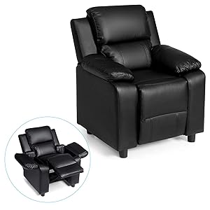 Costzon Kids Sofa Recliner, Children PU Leather Armchair W/Front Footrest, Flip-up Storage Arms, Padded Backrest, Ergonomic Contemporary Sofa for Toddler Boys Girls, Lightweight Sofa Chair (Black)