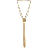 COOLSTEELANDBEYOND Women's Gold Toned Multi Strand Tassel Necklace, Long Y Shape Lariat with Interlocking Rings, Elegant Linear Statement Accessory, Formal Gala Style, Gift for Her