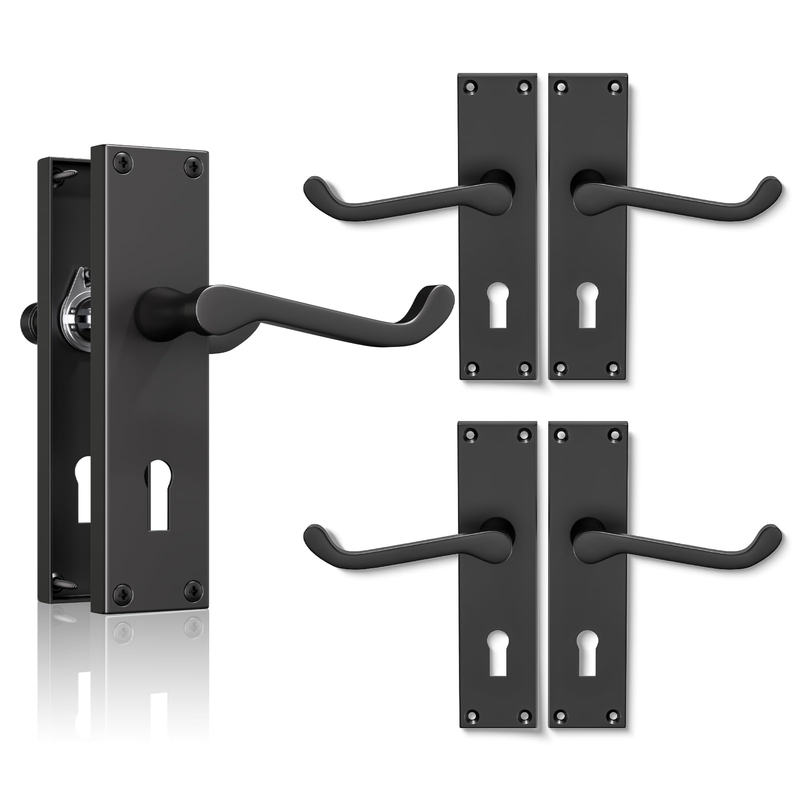 Bwintech 3 Sets Matt Black Victorian Lever on Plate, Latch Furniture, Backplate Door Handles, with Keyhole, Suitable for Wooden Doors