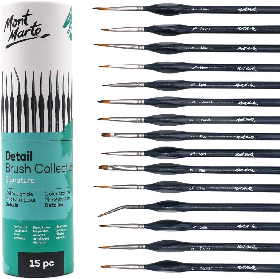 Mont Marte Detail Paint Brush Collection, 15 Piece, Taklon Bristles, Suitable for Acrylic Oil, Watercolour and Gouache Paints