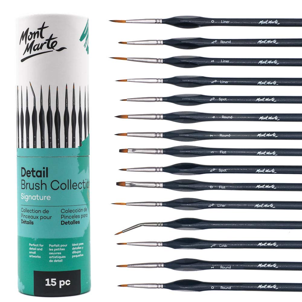 Mont Marte Detail Paint Brush Collection, 15 Piece, Taklon Bristles, Suitable for Acrylic, Oil, Watercolour and Gouache Paints, Includes Storage Bag