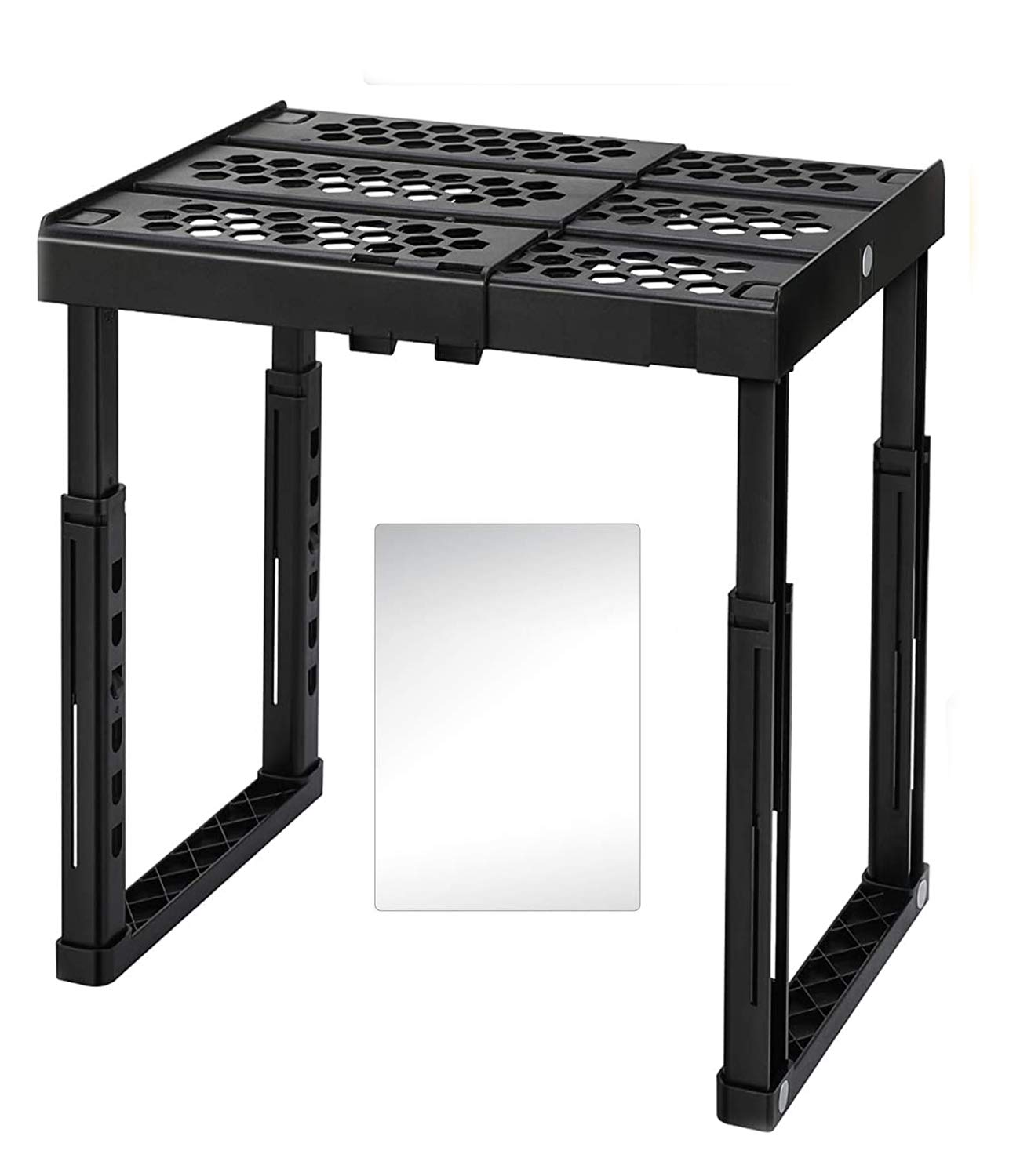 Locker Organizer Shelf with Magnetic Mirror， Adjustable Width and Height , Ideal Locker for School, Office, and Gym Lockers (Black)