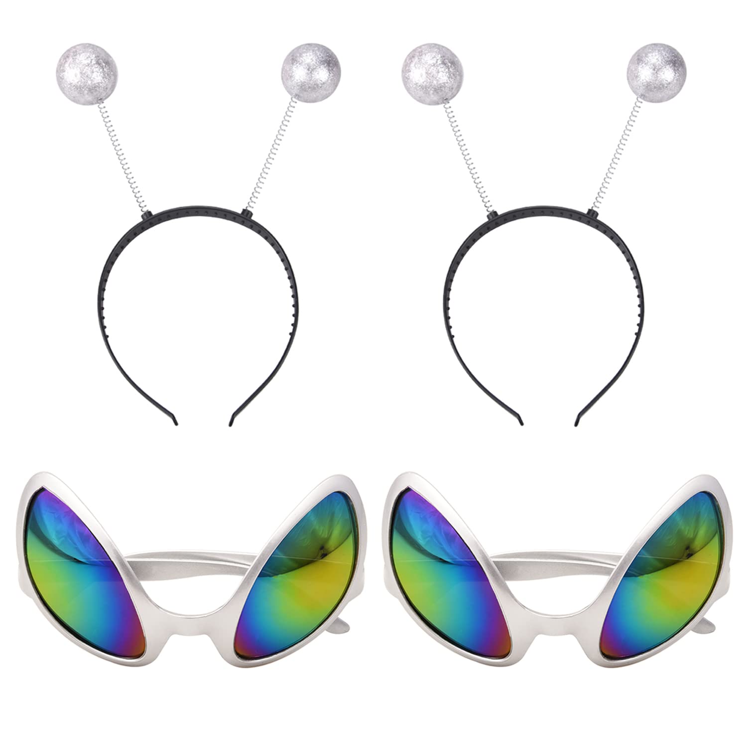 NAUZE 4 Pcs Alien Costume Accessories Set 2 Pcs Alien Glasses Alien Sunglasses with 2 Pcs Silver Martian Antenna Headband Boppers for Halloween Party Supplies