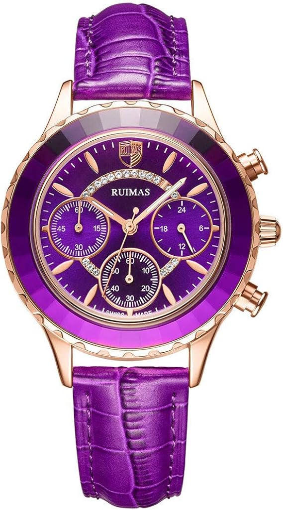 Amazon Ruimas クロノグラフウォッチ レディース ファッション レザーストラップ カジュアル クォーツ 腕時計 レディース 防水 腕時計 592 パープル レディース腕時計 腕時計 通販
