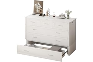 Mjkone Queen Size Murphy Bed with Tri-Folding Mattress, Charging Station, Modern Cabinet Bed with Drawers, Multifunctional Design Wall Murphy Bed for Living Room, Apartment (White Pattern E)