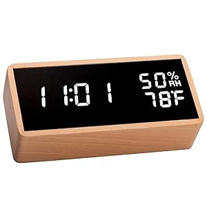 meross Digital Alarm Clock for Bedrooms, Real Wood, LED Display Desk Clock, Time Temperature Humidity, 3 Sets of Alarms, Adjustable Brightness, Sound Control Function