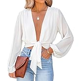 LYANER Women's Deep V Neck Long Sleeve Tie Front Knot Sexy Wrap Crop Top Blouse