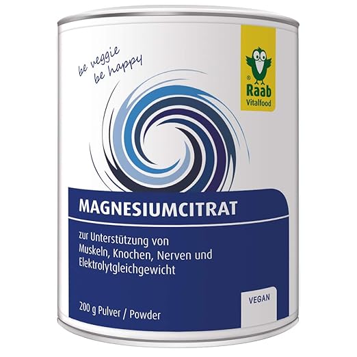 Raab Vitalfood Magnesium-Citrat Pulver 200 g, vegan, laborgeprüft, gut zu dosieren, ideal für Sportler, zur Unterstützung von
