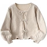 SHENHE Girl's Cute Button Up Cardigan Bow Cozy Sweaters Long Sleeve Knit Fall Tops Khaki 11Y