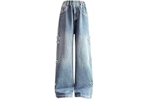 Teen Girls Wide Leg Jeans Baggy Star Patch High Waist Streetwear Denim Pants Trendy Boyfriend Casual Trousers