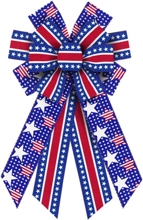 Bows & Ribbons - Large Patriotic Wreath Bows, Patriotic Red Blue White Stripe Bows for Wreath Star Bows for Front Door Veteran's Day America Flag Wreath Bows for Labor Day Indooor Outdoor Fence Wall Party Decor
