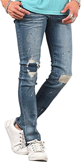 Amazon ラグスタイル デニムパンツ メンズ スキニー ダメージ加工 ペイント リペア ユーズド ジーンズ 通販