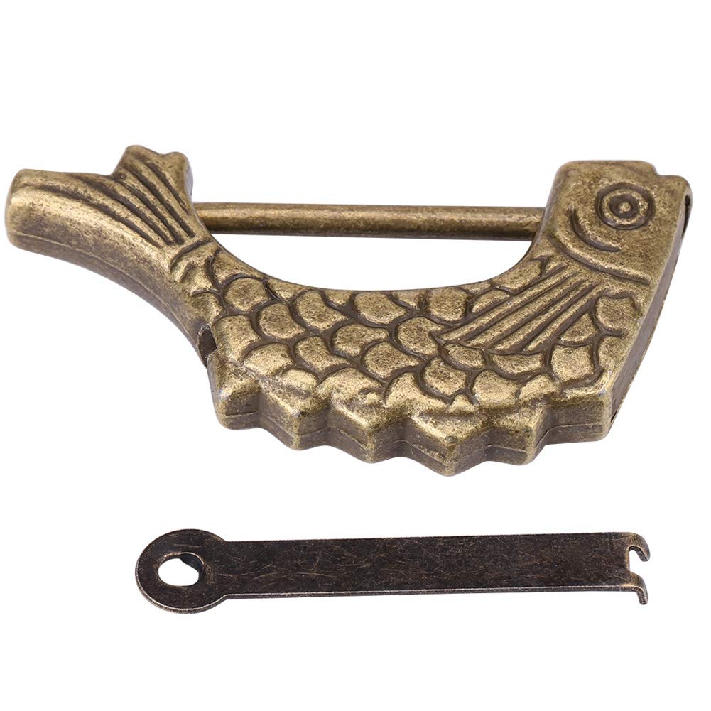 Retro Metal Lock Ancient Chinese Padlock with Fish Shaped for Drawer Jewelry Box Cabinet Other Collectibles